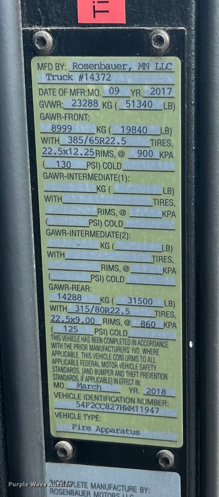 image for item ET3176 2017 Rosenbauer Motors fire truck cab and chassis