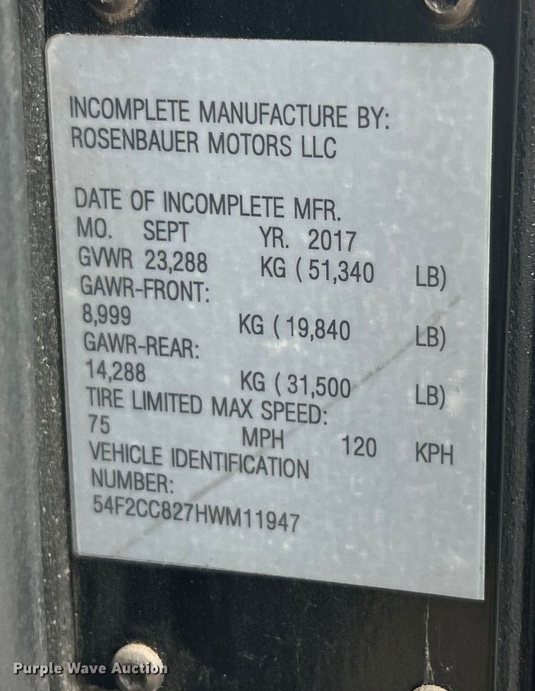 image for item ET3176 2017 Rosenbauer Motors fire truck cab and chassis