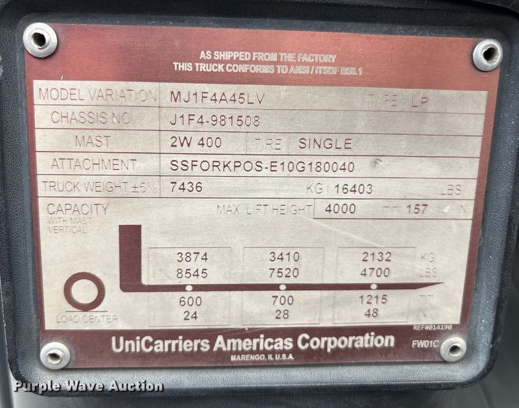 image for item ET8545 2016 UniCarriers PF100YLP  forklift