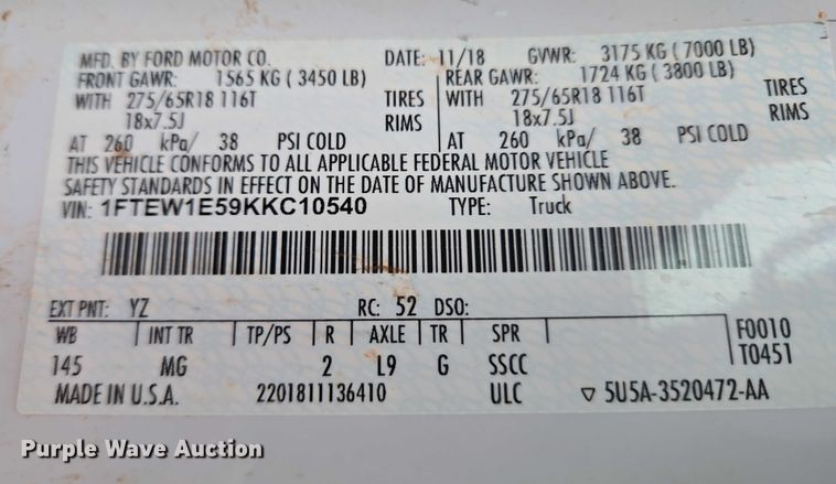 image for item EU3634 2019 Ford F150 XLT SuperCrew pickup truck