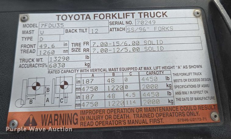 image for item EU3696 Toyota 7FDU35 forklift