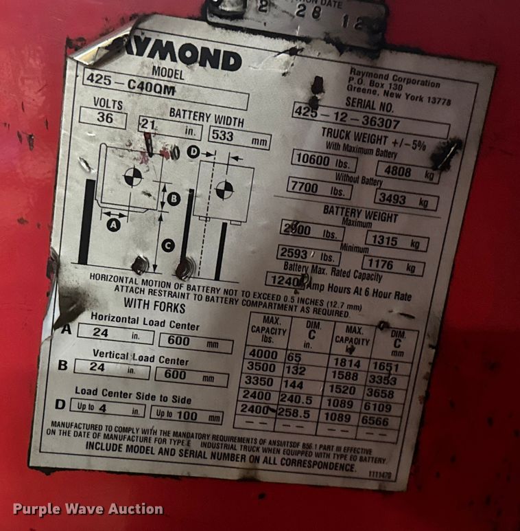 image for item EV1843 Raymond 425-C400M forklift