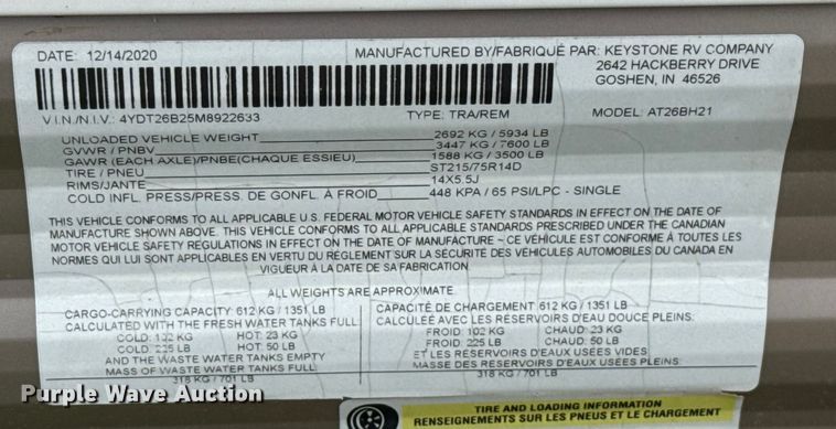image for item GH9314 2021 Keystone Aspen Trail 26BH camper
