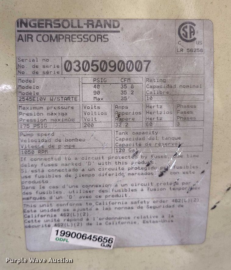 image for item IP9699 Ingersoll Rand 2545 air compressor