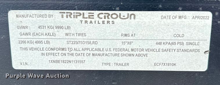 image for item NU9605 2022 Triple Crown Trailers EFC7X1810K utility trailer