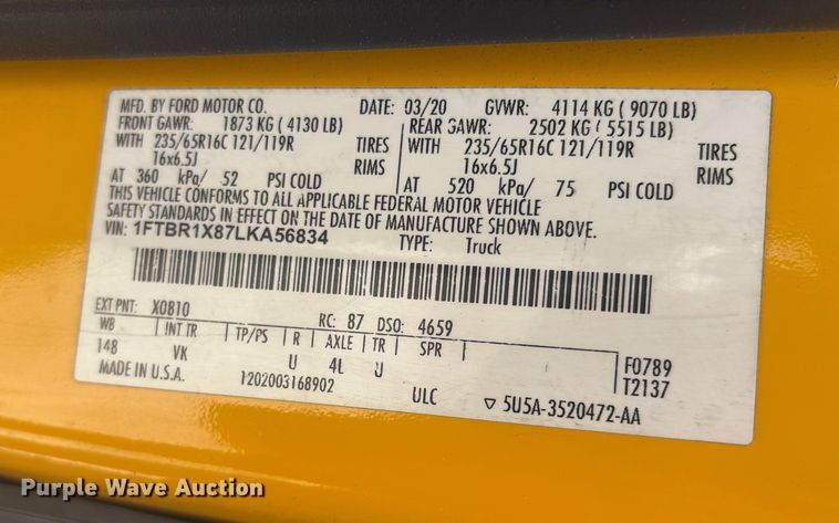 image for item YA0619 2020 Ford Transit 250 van