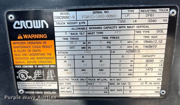 image for item YA0737 Crown CGC20SC-9 forklift