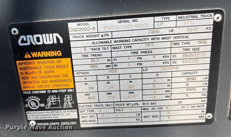 image for item YA0739 Crown CGC20SC-9 forklift