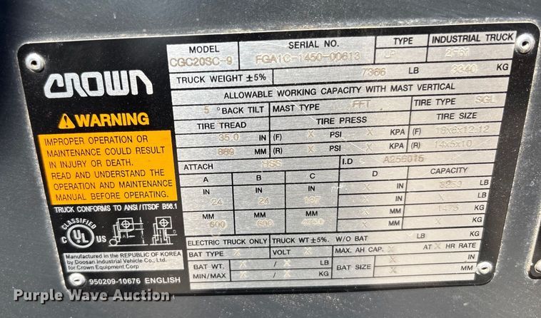 image for item YA0740 Crown CGC20SC-9 forklift