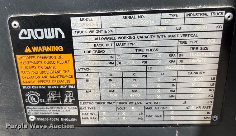 image for item YA0741 Crown CGC20SC-9 forklift