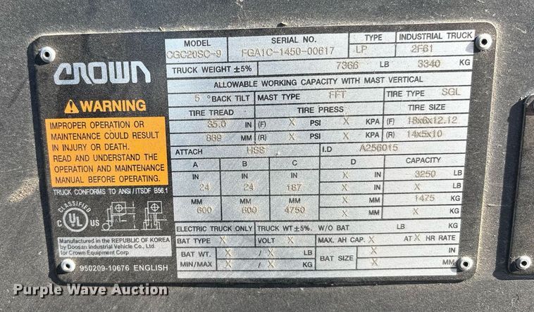 image for item YA0742 Crown CG020SC-9 forklift