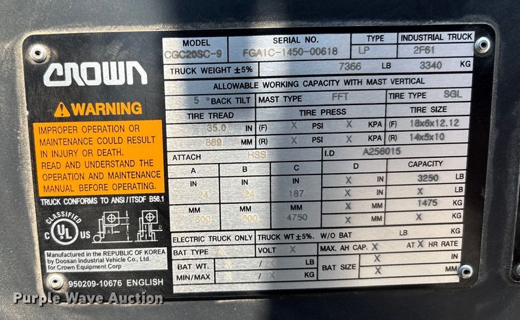 image for item YA0743 Crown CG020SC-9 forklift