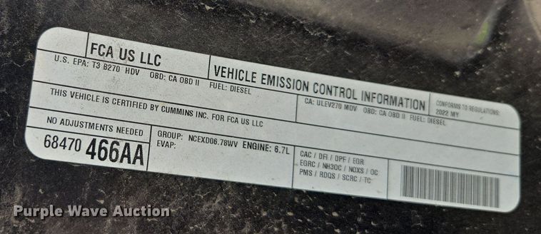 image for item YA0780 2022 RAM 3500 pickup truck cab and chassis