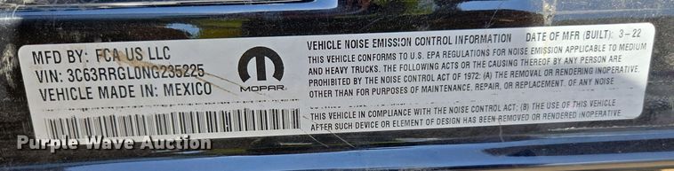 image for item YA0780 2022 RAM 3500 pickup truck cab and chassis