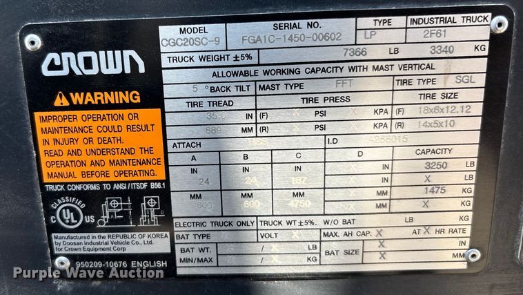 image for item YA0945 Crown CGC20SC-9 forklift