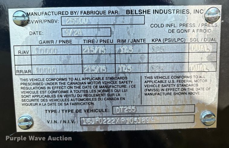 image for item DO1189 2024 Belshe DT255 equipment trailer