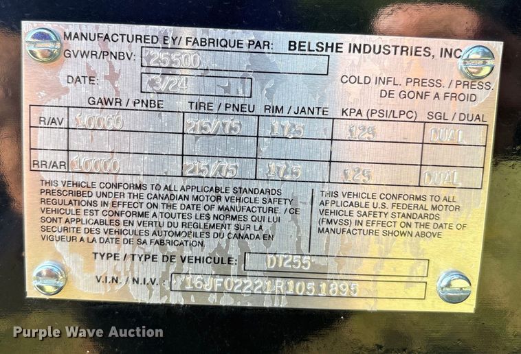 image for item DO1192 2024 Belshe DT255 equipment trailer