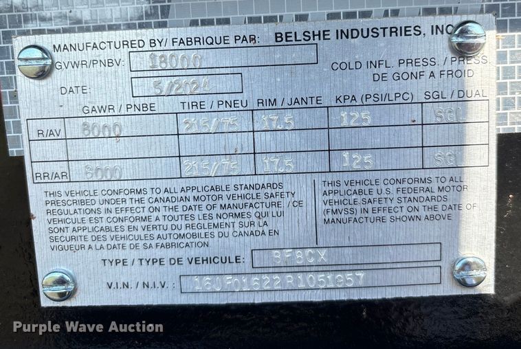 image for item DO1195 2024 Belshe BF8CX equipment trailer