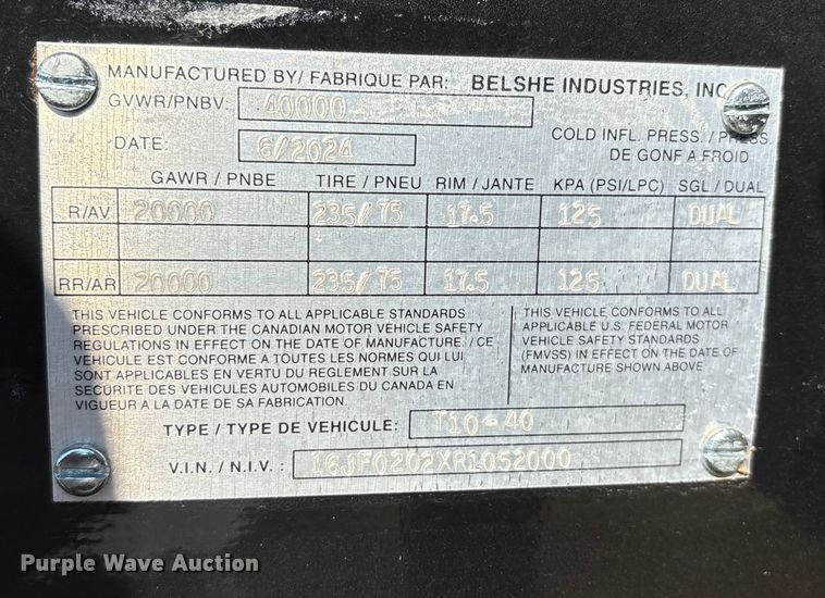 image for item DO1196 2024 Belshe T10-40 equipment trailer