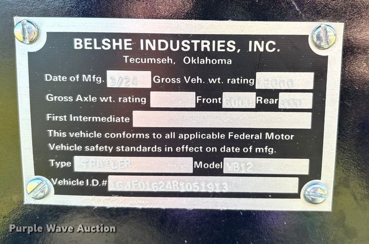 image for item DO1199 2024 Belshe WB12 equipment trailer