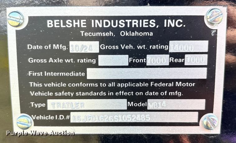 image for item DO1200 2024 Belshe WB14 equipment trailer