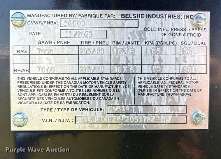 image for item DO1201 2023 Belshe WB14 equipment trailer