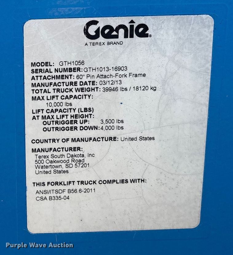 image for item DT3436 2013 Genie GTH-1056 telehandler