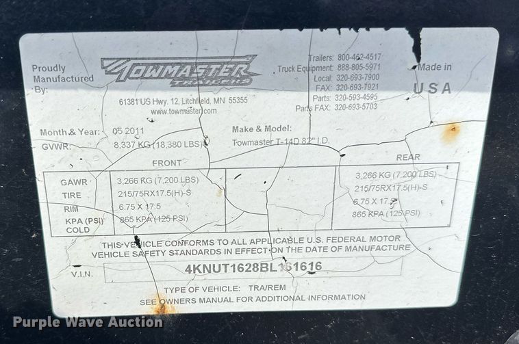 image for item DT6353 2011 Towmaster T14D equipment trailer