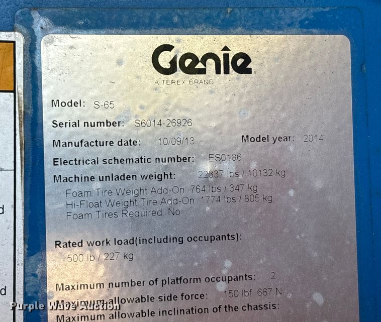 image for item DU1304 2014 Genie S65 boom lift