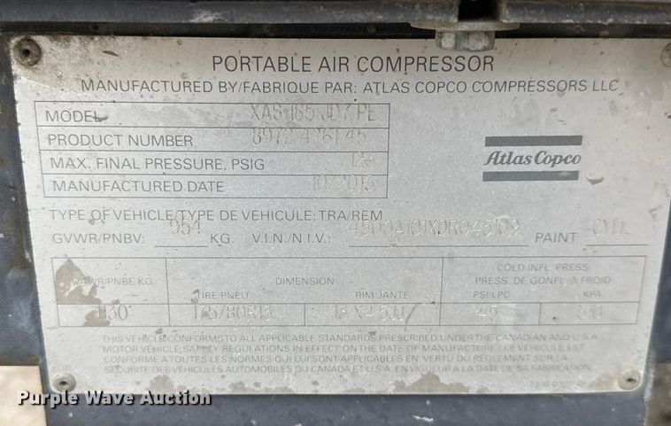 image for item DU6783 2013 Atlas Copco XAS185JD7PE air compressor