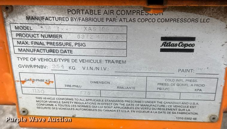 image for item DU6784 2008 Atlas Copco XAS185JD7 air compressor