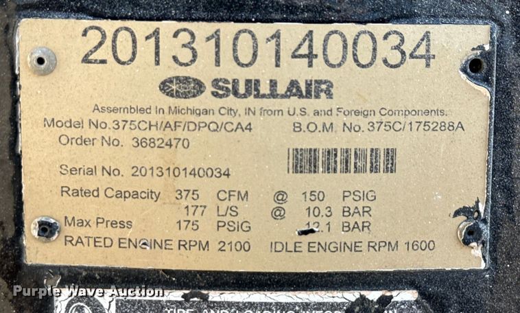 image for item DX5754 Sullair 375H air compressor