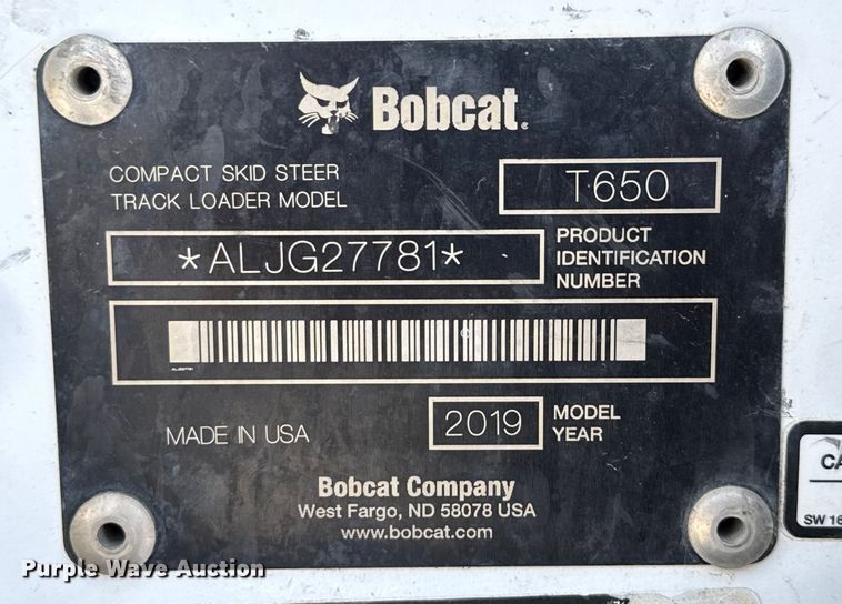 image for item DX5784 2019 Bobcat T650 tracked skid steer loader