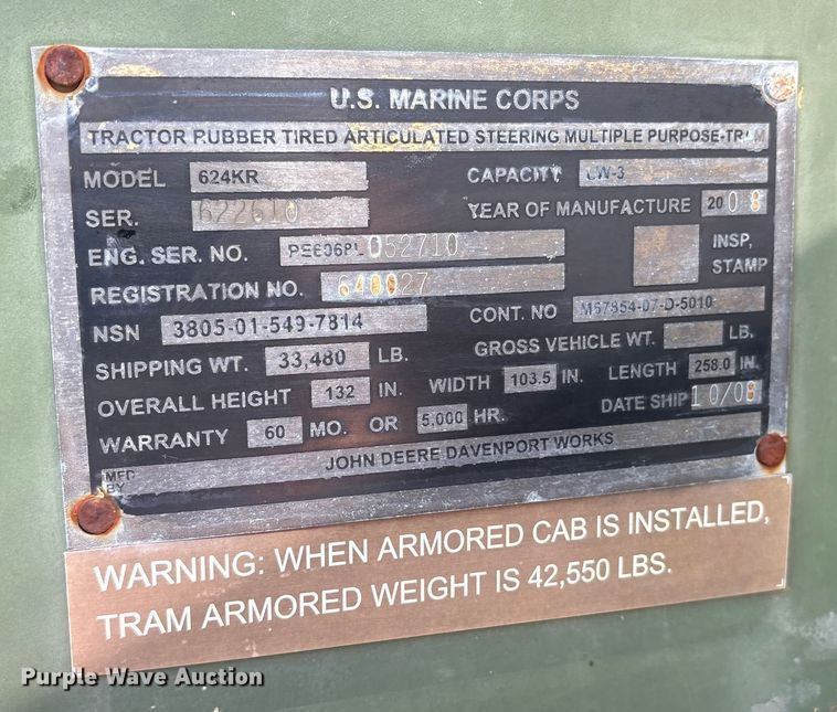 image for item DY0959 2009 John Deere 624KR wheel loader