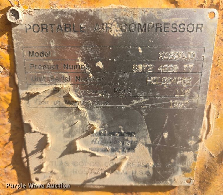 image for item DY1127 1997 Atlas Corp XAS90JD air compressor