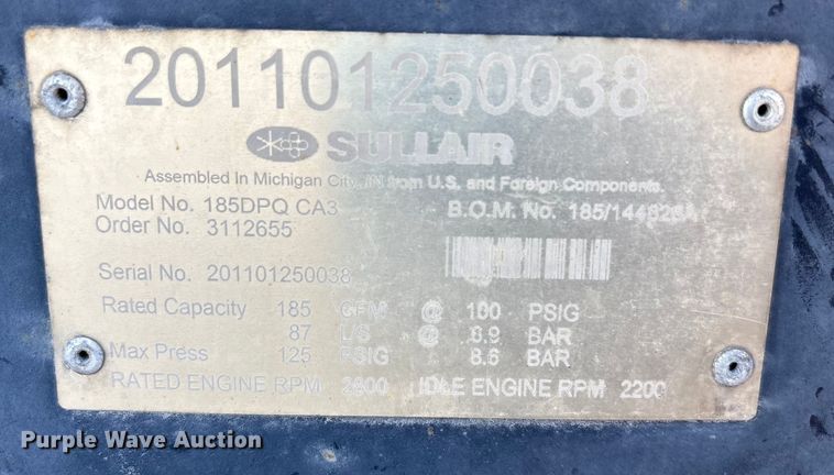 image for item EA7496 Sullair 185DPQ CA3 air compressor