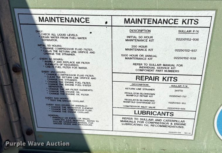 image for item EA7497 Sullair 185DPQ JD2 air compressor