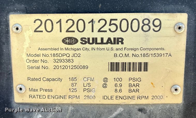 image for item EA7497 Sullair 185DPQ JD2 air compressor