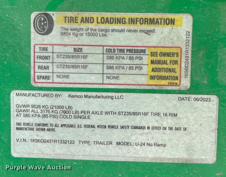 image for item EC3772 2024 Kemco U-24 tilt deck equipment trailer