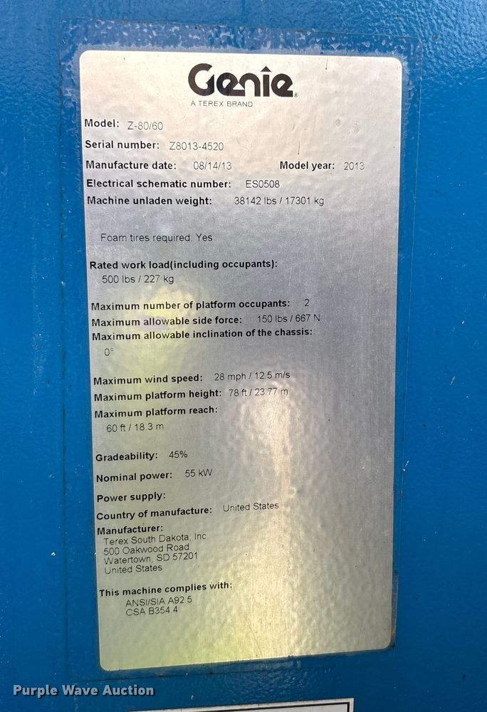 image for item EC3787 2013 Genie Z-80/60 boom lift