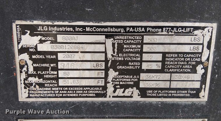 image for item EC3788 2007 JLG 800AJ boom lift