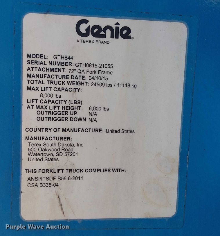 image for item EC3792 2015 Genie GTH844 telehandler