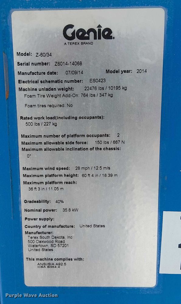 image for item EC3796 2014 Genie Z-60/34 boom lift