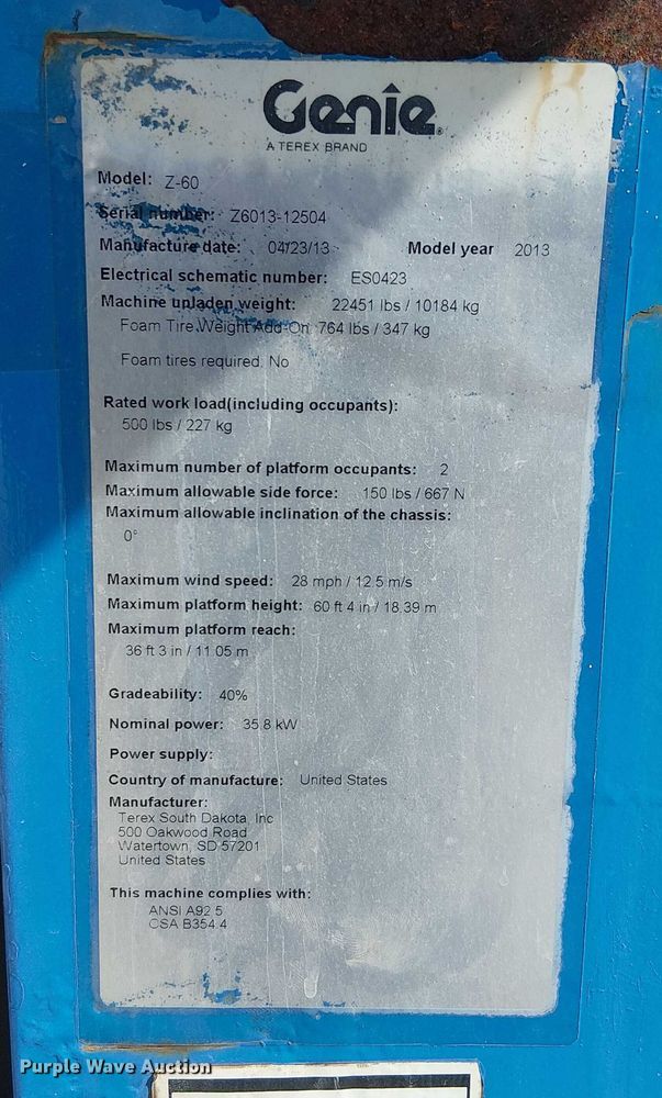 image for item EC3798 2013 Genie Z-60 boom lift