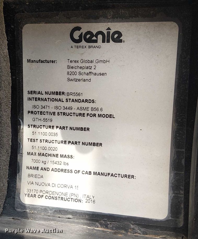 image for item EC3801 2016 Genie GTH5519 telehandler