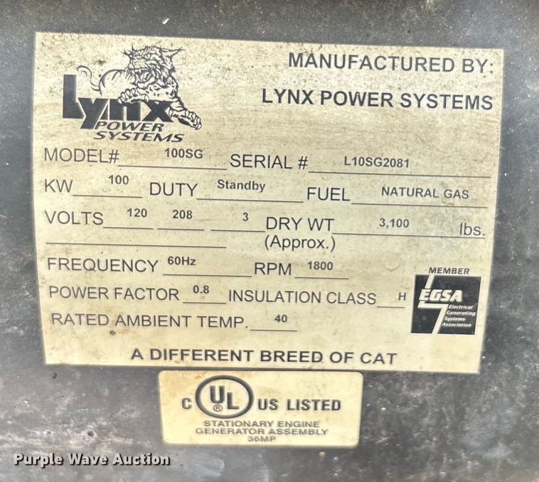 image for item EC3810 Lynx Power Systems 100SG generator