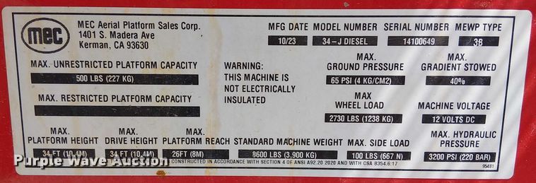 image for item EC3811 2023 MEC 34-J boom lift