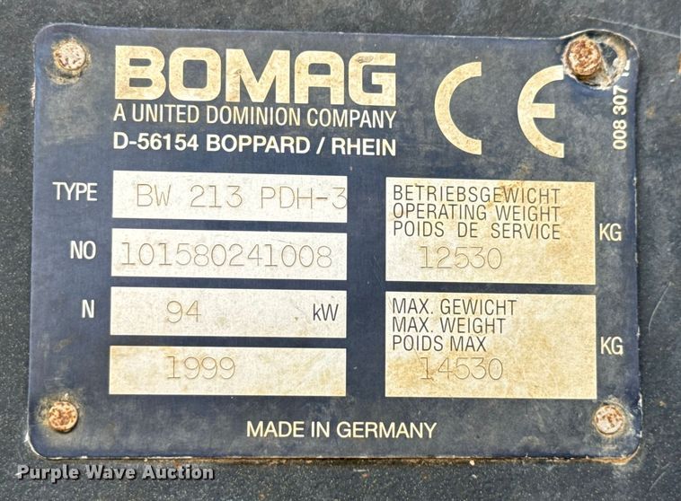 image for item ED5860 1999 Bomag BW 213 PDH single drum vibratory roller