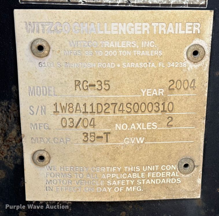 image for item ED5872 2004 Witzco Challenger RG-35 lowboy equipment trailer