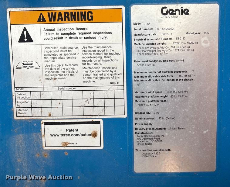 image for item EF5992 2014 Genie S-65 boom lift